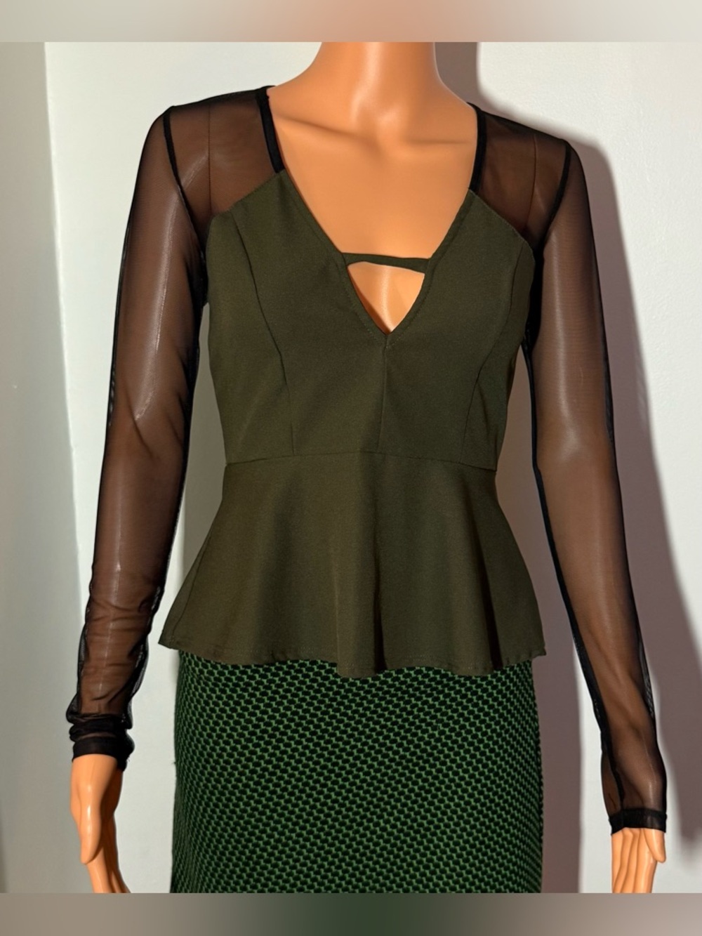 Charlotte Russe olive green top with sheer black arm & sleeves. Sz.S